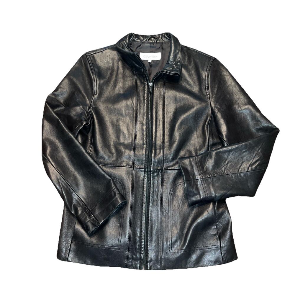 Calvin Klein Women's Black Leather Jacket Size Medium Soft Mock Neck